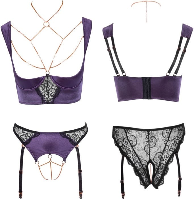 Комплект Abierta Fina Shelf Bra and Crotchless Suspender Briefs бюстгальтер і трусики з пажами від Orion - Зображення 6